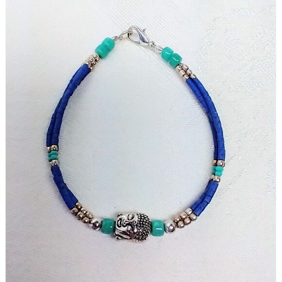 Tibetan Turquoise & Lapis Bracelet w/Buddha Head Sz 7" - Picture 6 of 10